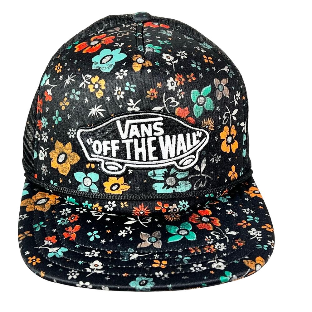 Vans Off The Wall Logo Patch Trucker Hat Cap Black Multicolor Floral Snapback